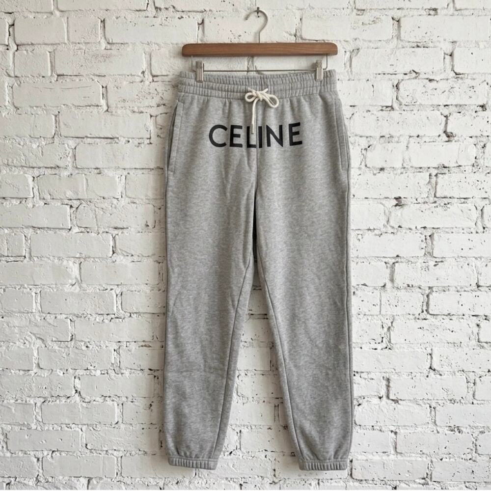 CELINE Quiet Luxury Cotton Fleece Logo Lounge Sweatpants Joggers Gray Size S